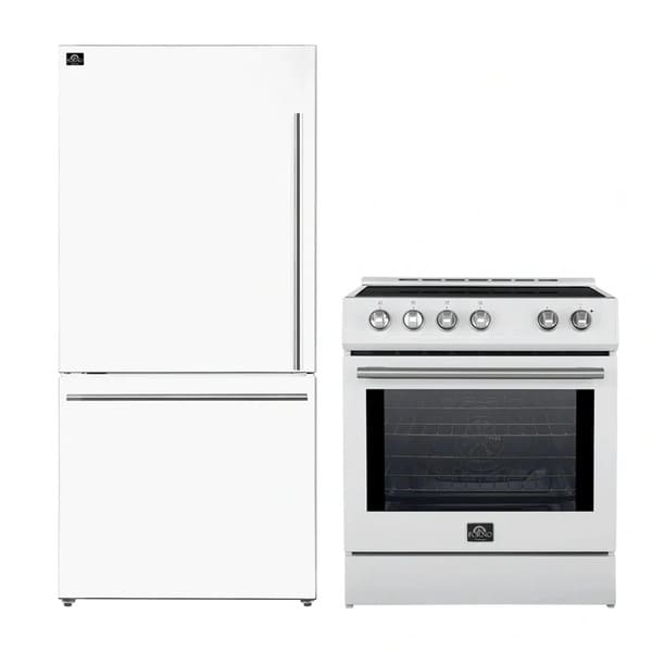 FORNO 2-Piece Appliance Package - 30-Inch Slide-In Induction Range and 31-Inch Refrigerator, Left Hinge in White with Stainless Steel Handle FBDL-014-07CAUS