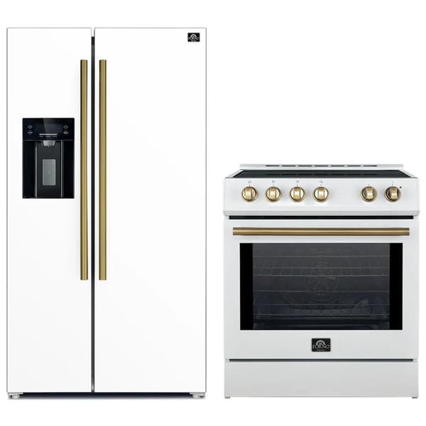 FORNO 2-Piece Appliance Package - 30-Inch Slide-In Induction Range and 36-Inch Side by Side Refrigerator with Water Dispenser in White with Antique Brass Handle FBDL-014-09CAUS