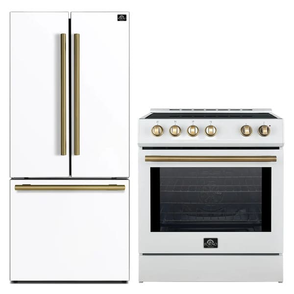 FORNO 2-Piece Appliance Package - 30-Inch Slide-In Induction Range and 30-Inch French Door Refrigerator in White with Antique Brass Handle FBDL-014-10CAUS
