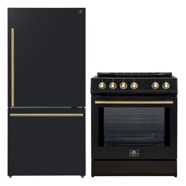 FORNO 2-Piece Appliance Package - 30-Inch Slide-In Induction Range and 31-Inch Refrigerator, Right Hinge in Black with Antique Brass Handle FBDL-014-11CAUS