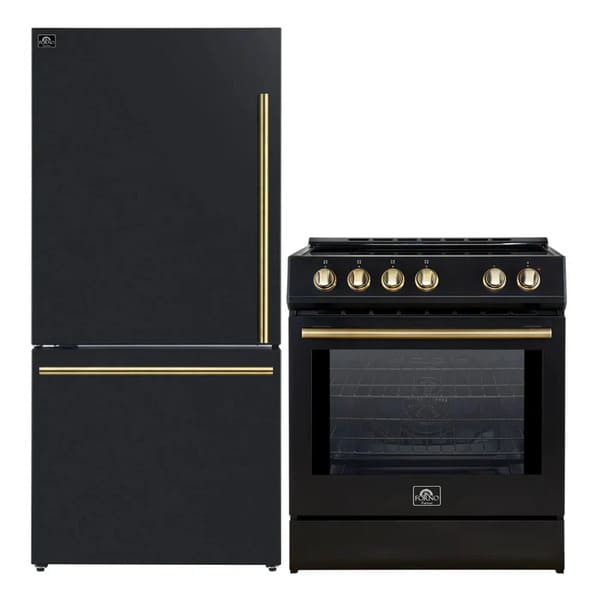 FORNO 2-Piece Appliance Package - 30-Inch Slide-In Induction Range and 31-Inch Bottom Freezer Door Refrigerator in Black with Antique Brass Handle FBDL-014-12CAUS