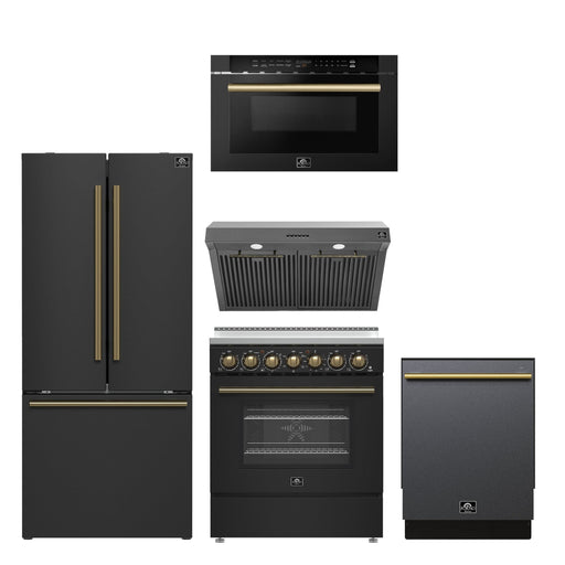 FORNO 5-Piece Black Stainless Steel Kitchen Bundle – Home Depot Exclusive – 30” Electric Range, 30” French Door Refrigerator, 30” Range Hood, 24” Microwave Drawer, 24” Built-In Dishwasher | SKU: FBDL-THD-003BLK