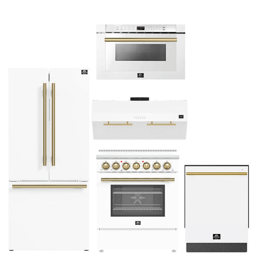 FORNO 5-Piece White Stainless Steel Kitchen Bundle – Home Depot Exclusive – 30” Electric Range, 30” French Door Refrigerator, 30” Range Hood, 24” Microwave Drawer, 24” Built-In Dishwasher | SKU: FBDL-THD-003WHT
