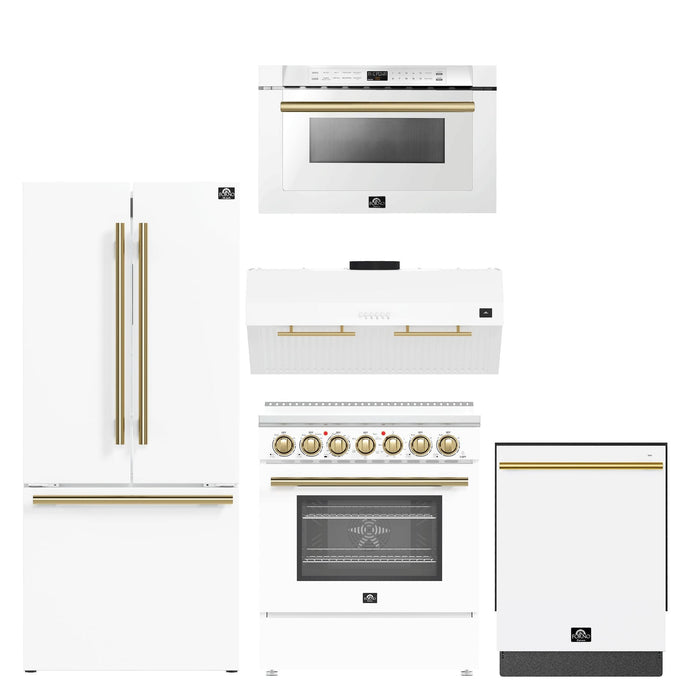 FORNO 5-Piece White Stainless Steel Kitchen Bundle – Home Depot Exclusive – 30” Electric Range, 30” French Door Refrigerator, 30” Range Hood, 24” Microwave Drawer, 24” Built-In Dishwasher | SKU: FBDL-THD-003WHT