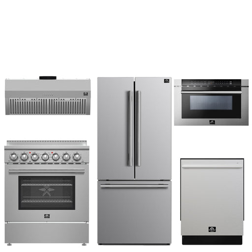 FORNO 5-Piece Stainless Steel Kitchen Bundle – Home Depot Exclusive – 30” Electric Range, 30” French Door Refrigerator, 30” Range Hood, 24” Microwave Drawer, 24” Built-In Dishwasher | SKU: FBDL-THD-003