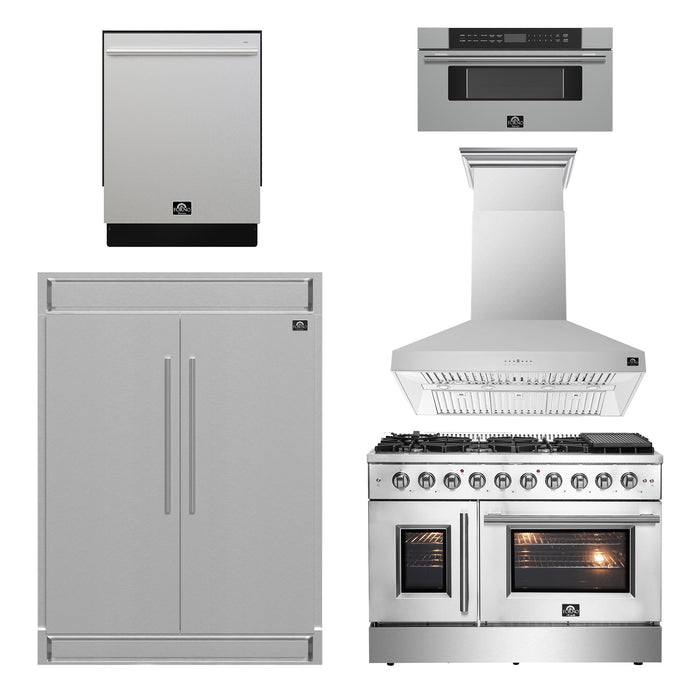 FORNO 5-Piece Stainless Steel Kitchen Bundle – Home Depot Exclusive – 48” French Door Gas Range, 48” Wall Mount Range Hood, 30” Microwave Drawer, 24” Built-In Dishwasher, 2×28” Convertible Refrigerator Freezer with Decorative Trim | SKU: FBDL-THD-004