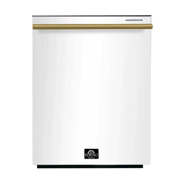 FORNO 3-Piece Appliance Package - 30-Inch Leonardo Espresso Electric Range, Refrigerator, & Dishwasher in White with Antique Brass Handle FBDL-007-03US