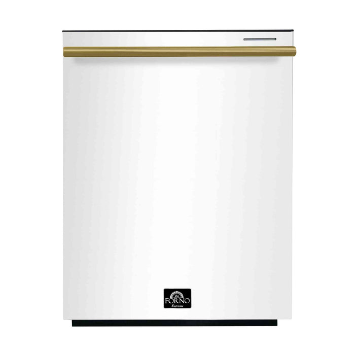 FORNO Premium 4-Piece Kitchen Bundle - Leonardo Espresso 30" White Range, 30" White Range Hood, 31" White Bottom Freezer Refrigerator, 24" White Built-In Dishwasher - FBDL-006-03CA