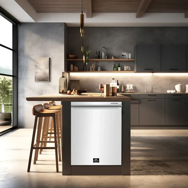 FORNO 3-Piece Appliance Package - 30-Inch Leonardo Espresso Electric Range, Refrigerator, & Dishwasher in White with Antique Brass Handle FBDL-007-03US