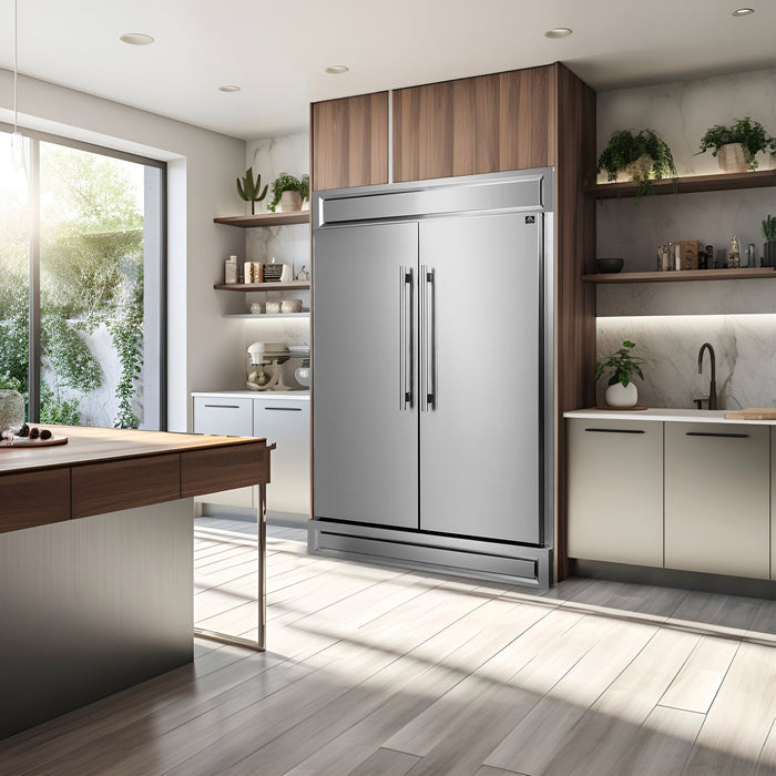 FORNO 5-Piece Stainless Steel Kitchen Bundle – Home Depot Exclusive – 48” French Door Gas Range, 48” Wall Mount Range Hood, 30” Microwave Drawer, 24” Built-In Dishwasher, 2×28” Convertible Refrigerator Freezer with Decorative Trim | SKU: FBDL-THD-004