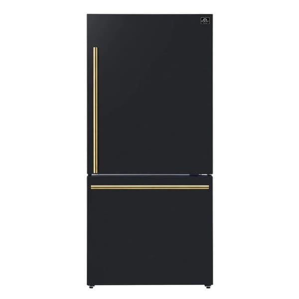 FORNO 2-Piece Appliance Package - 30-Inch Slide-In Induction Range and 31-Inch Refrigerator, Right Hinge in Black with Antique Brass Handle FBDL-014-11CAUS