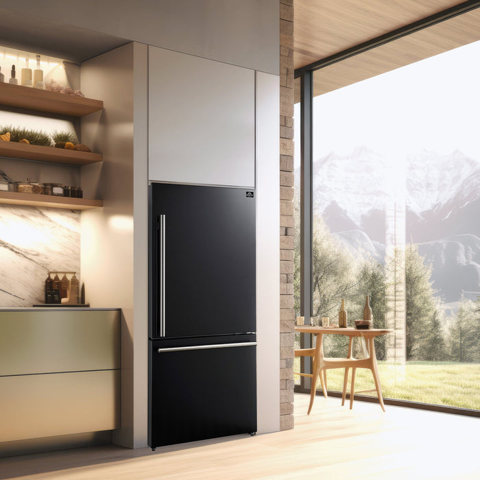 FORNO Premium 2-Piece Kitchen Bundle - Leonardo Espresso 30" Black Range, 31" Black Bottom Freezer Refrigerator - FBDL-003-02CA