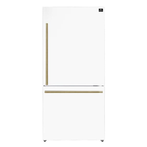 FORNO 3-Piece Appliance Package - 30-Inch Leonardo Espresso Electric Range, Refrigerator, & Dishwasher in White with Antique Brass Handle FBDL-007-03US