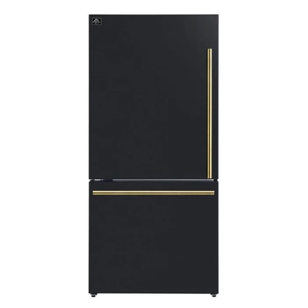 FORNO 2-Piece Appliance Package - 30-Inch Slide-In Induction Range and 31-Inch Bottom Freezer Door Refrigerator in Black with Antique Brass Handle FBDL-014-12CAUS