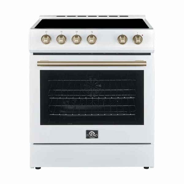 FORNO 3-Piece Appliance Package - 30-Inch Leonardo Espresso Electric Range, Refrigerator, & Dishwasher in White with Antique Brass Handle FBDL-007-03US