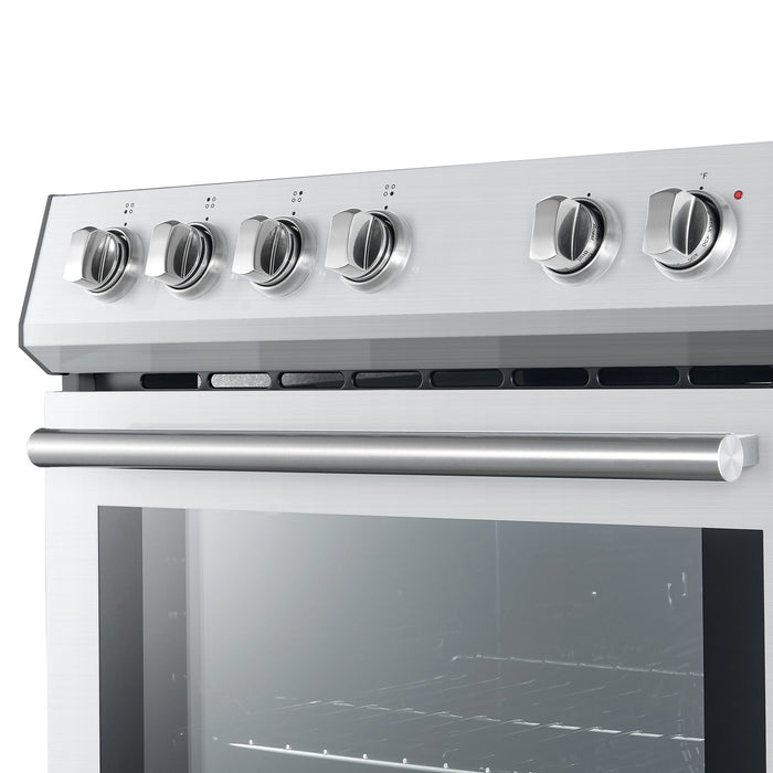 FORNO Premium 3-Piece Kitchen Bundle - Leonardo Espresso 30" Electric Range, 30" Under Cabinet Range Hood, 31" Bottom Freezer Refrigerator - Stainless Steel with Antique Brass Handles - FBDL-001-01CA