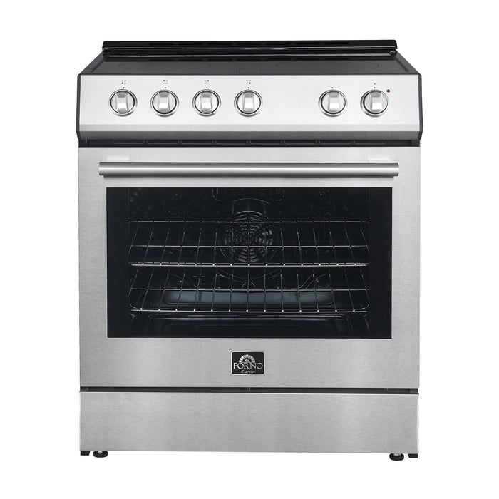 FORNO Premium 4-Piece Kitchen Bundle - 30" Electric Range, 30" Range Hood, 31" French Door Refrigerator, 24" Built-In Dishwasher, Stainless Steel - FBDL-010-01CA