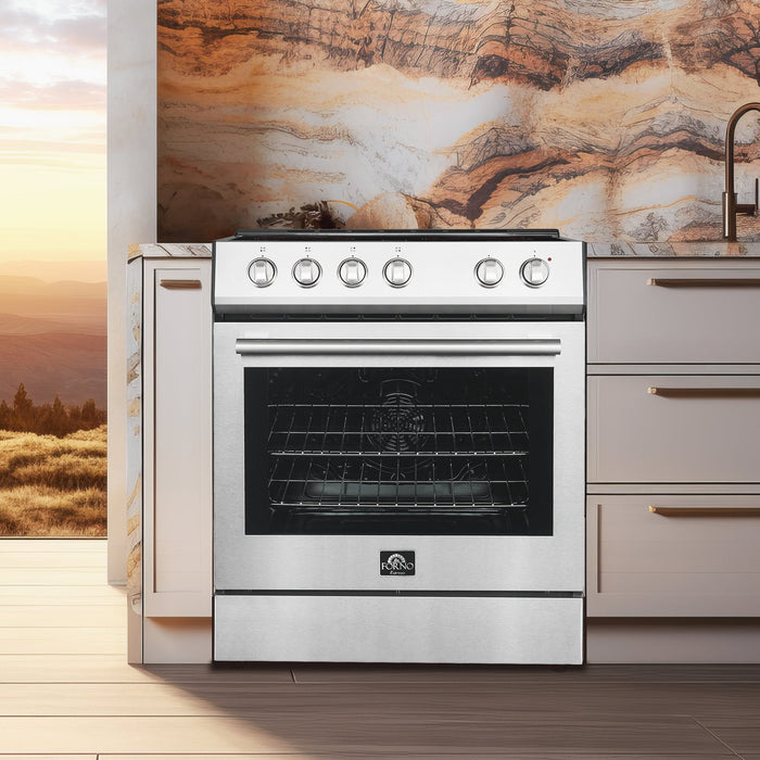 FORNO Premium 3-Piece Kitchen Bundle - Leonardo Espresso 30" Stainless Steel Range, 31" Stainless Steel Bottom Freezer Refrigerator, 24" Stainless Steel Dishwasher - FBDL-007-01CA