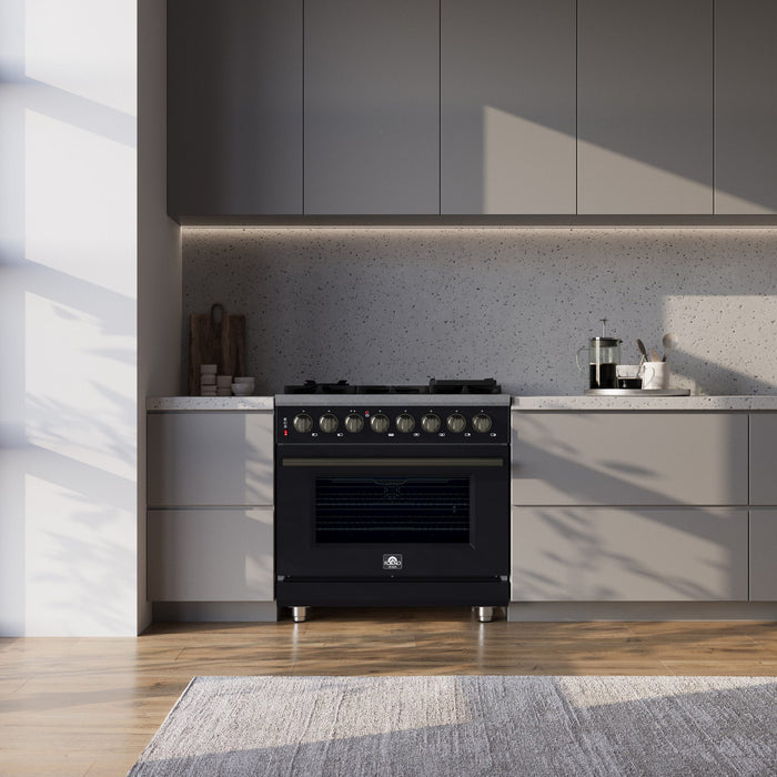 Forno Massimo 36 Inch Freestanding Dual Fuel Range in Black with Antique Brass Accessories, 6 Burners, 5.36 cu. ft. Convection Oven