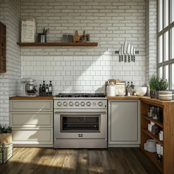 FORNO 3-Piece Appliance Package - 36-Inch Marco Gas Range, French Door Refrigerator, & Dishwasher in Stainless Steel FBDL-009-01CAUS