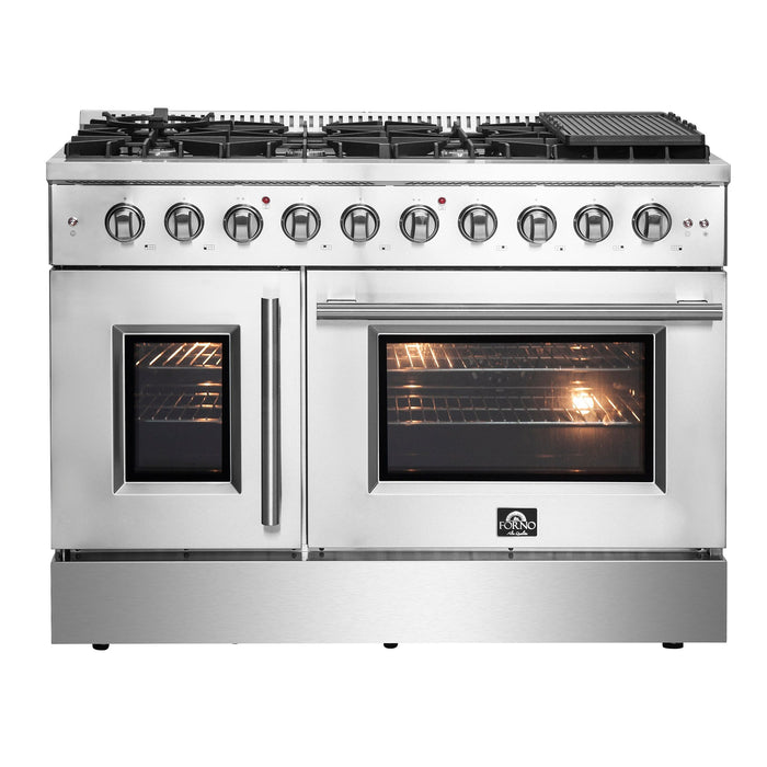 FORNO 5-Piece Stainless Steel Kitchen Bundle – Home Depot Exclusive – 48” French Door Gas Range, 48” Wall Mount Range Hood, 30” Microwave Drawer, 24” Built-In Dishwasher, 2×28” Convertible Refrigerator Freezer with Decorative Trim | SKU: FBDL-THD-004
