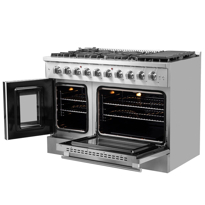 FORNO 5-Piece Stainless Steel Kitchen Bundle – Home Depot Exclusive – 48” French Door Gas Range, 48” Wall Mount Range Hood, 30” Microwave Drawer, 24” Built-In Dishwasher, 2×28” Convertible Refrigerator Freezer with Decorative Trim | SKU: FBDL-THD-004