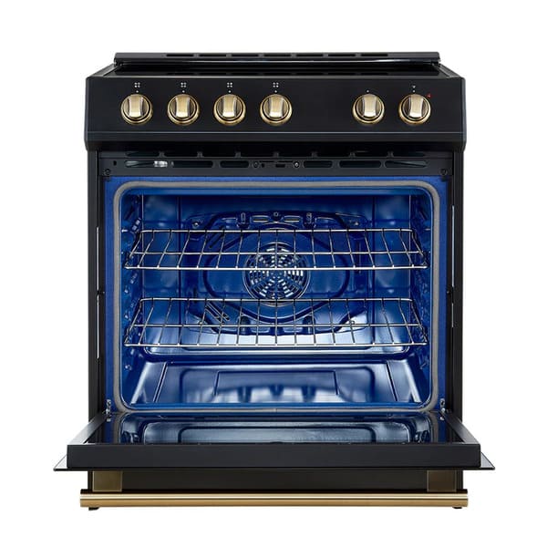 FORNO 2-Piece Appliance Package - 30-Inch Slide-In Induction Range and 31-Inch Bottom Freezer Door Refrigerator in Black with Antique Brass Handle FBDL-014-12CAUS