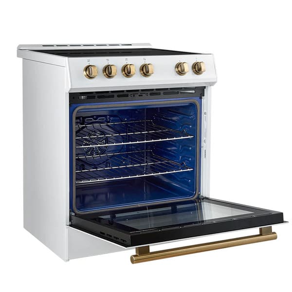 FORNO 2-Piece Appliance Package - 30-Inch Slide-In Induction Range and 30-Inch French Door Refrigerator in White with Antique Brass Handle FBDL-014-10CAUS