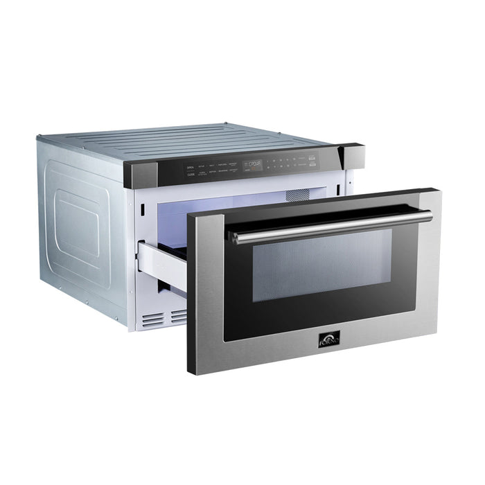 FORNO 5-Piece Stainless Steel Kitchen Bundle – Home Depot Exclusive – 30” Electric Range, 30” French Door Refrigerator, 30” Range Hood, 24” Microwave Drawer, 24” Built-In Dishwasher | SKU: FBDL-THD-003