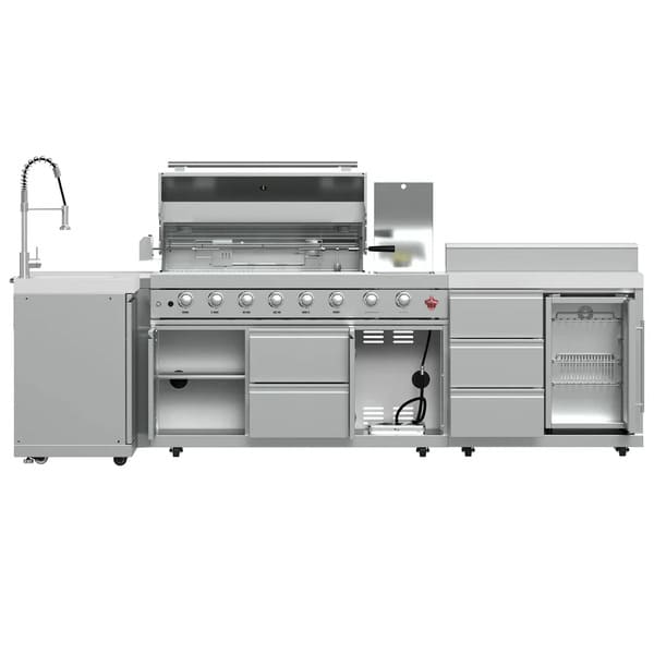 FORNO Bulnes Outdoor Kitchen 40-Inch BBQ 95,000 BTU, with 5 Burners, Sear & Rotisserie Infrared Side Burner, 1.8 cu.ft. Beverage Center & Black/White Countertops