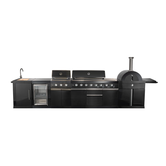 Forno All'Aperto 62,600 BTU BBQ with 3 Stainless-Steel Burners & Infrared Burners & Sink Module with Black Sintered Stone Countertops, Bar & Beverage Center