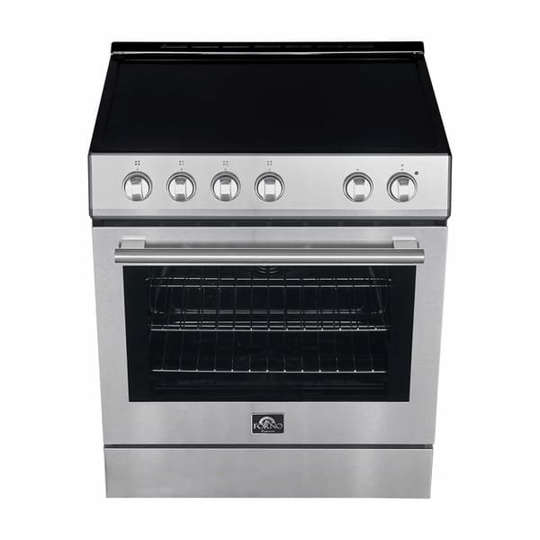 Top view of the FORNO 30-inch electric range in stainless steel, highlighting the smooth cooktop surface and control knob layout.