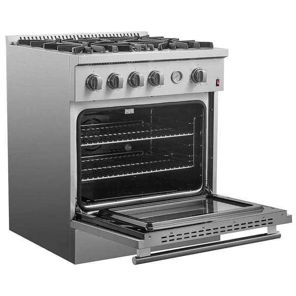 Left-angled view of the FORNO 30-inch gas range with the oven door open, highlighting the interior oven space, racks, and durable stainless steel exterior.