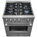 Top view of the FORNO 30-inch gas range, showcasing five sealed burners with heavy-duty cast iron grates and a sleek stainless steel surface.