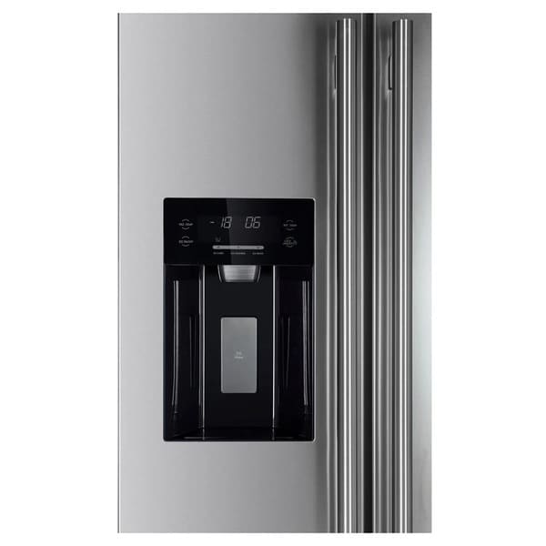 Close-up of the water and ice dispenser on the FORNO 36-inch refrigerator in stainless steel, featuring a sleek design with easy-to-use controls and LED indicators.