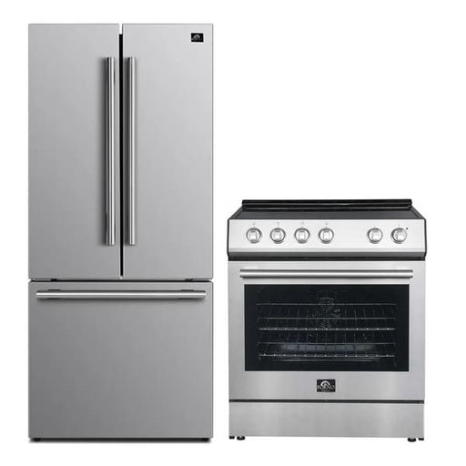 Forno 2-piece appliance package featuring a 30-inch electric range and a 30-inch French door refrigerator in stainless steel, offering a sleek, modern design with matching finishes for a coordinated kitchen look.