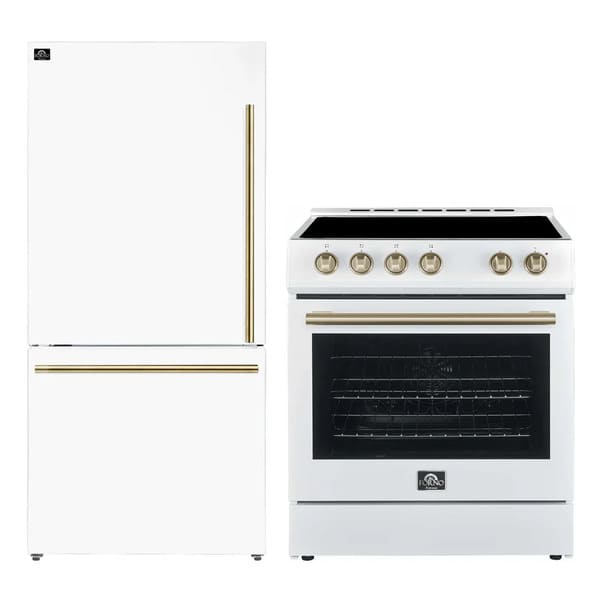 Forno 2-piece appliance package featuring a 30-inch electric range and a 31-inch left-hinge refrigerator in matching white finishes, showcasing a cohesive, modern design ideal for compact and stylish kitchen spaces.