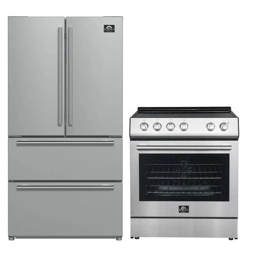 FORNO 2-piece appliance package featuring a 30-inch stainless steel electric range and a 36-inch French door refrigerator, both with a sleek modern finish and matching handles for a cohesive kitchen design.