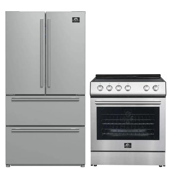 FORNO 2-piece appliance package featuring a 30-inch stainless steel electric range and a 36-inch French door refrigerator, both with a sleek modern finish and matching handles for a cohesive kitchen design.