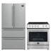 FORNO 2-piece appliance package featuring a 30-inch stainless steel electric range and a 36-inch French door refrigerator, both with a sleek modern finish and matching handles for a cohesive kitchen design.