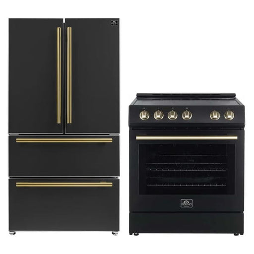 Forno 2-piece appliance package featuring a 30-inch electric range and a 36-inch French door refrigerator in matching black finish with antique brass handles, displayed side by side in a modern kitchen setting.