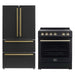 Forno 2-piece appliance package featuring a 30-inch electric range and a 36-inch French door refrigerator in matching black finish with antique brass handles, displayed side by side in a modern kitchen setting.