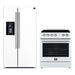 Forno 2-piece appliance package featuring a 30-inch electric range and a 36-inch side-by-side refrigerator, both in a matching white finish with modern handles and streamlined design, ideal for a cohesive kitchen setup.