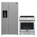 Forno 2-piece appliance package featuring a 30-inch electric range and a 36-inch side-by-side refrigerator with an external water dispenser, both in a sleek stainless steel finish for a coordinated, modern kitchen setup.