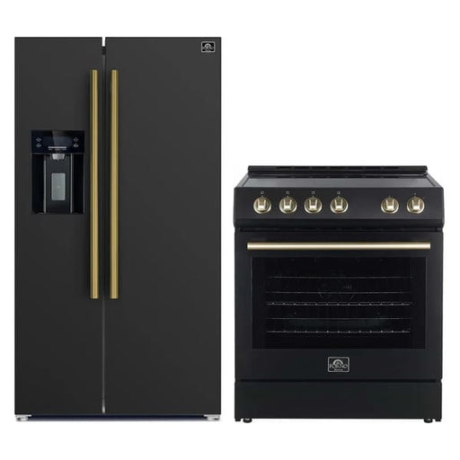 FORNO 2-piece kitchen appliance package featuring a 30-inch electric range with oven and a 36-inch side-by-side refrigerator in a sleek, modern finish.