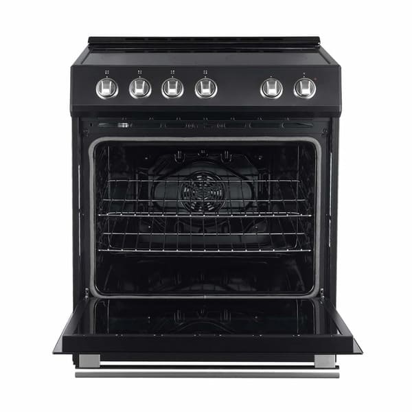 Front view of the FORNO 30-inch electric range in black from the 2-Piece Appliance Package with the oven door open, revealing a spacious stainless steel interior, multiple rack positions, and interior lighting—ideal for versatile baking and roasting performance.