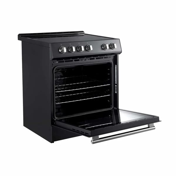 Left angled view of the FORNO 30-inch electric range in black from the 2-Piece Appliance Package with the oven door open, showcasing the spacious interior, adjustable racks, and smooth door hinge—designed for convenient access and efficient multi-level cooking.