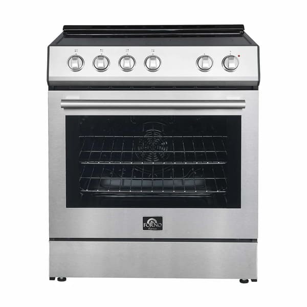 Front view of the Forno 30-inch electric range in stainless steel, showcasing a smooth ceramic cooktop, large oven window, and sleek control knobs for a clean, modern kitchen aesthetic.