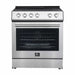 Front view of the Forno 30-inch electric range in stainless steel, showcasing a smooth ceramic cooktop, large oven window, and sleek control knobs for a clean, modern kitchen aesthetic.