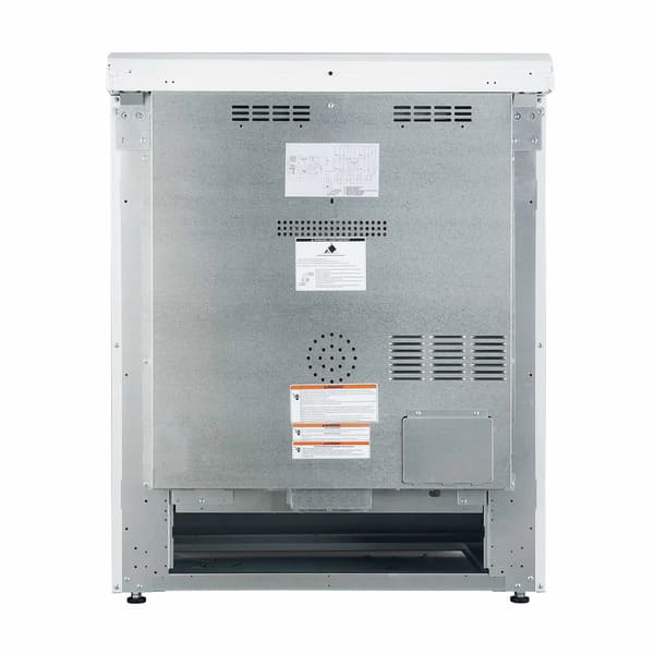 Rear view of the Forno 30-inch electric range in white, featuring a solid metal back panel with ventilation slots, electrical connection point, and safety labeling.